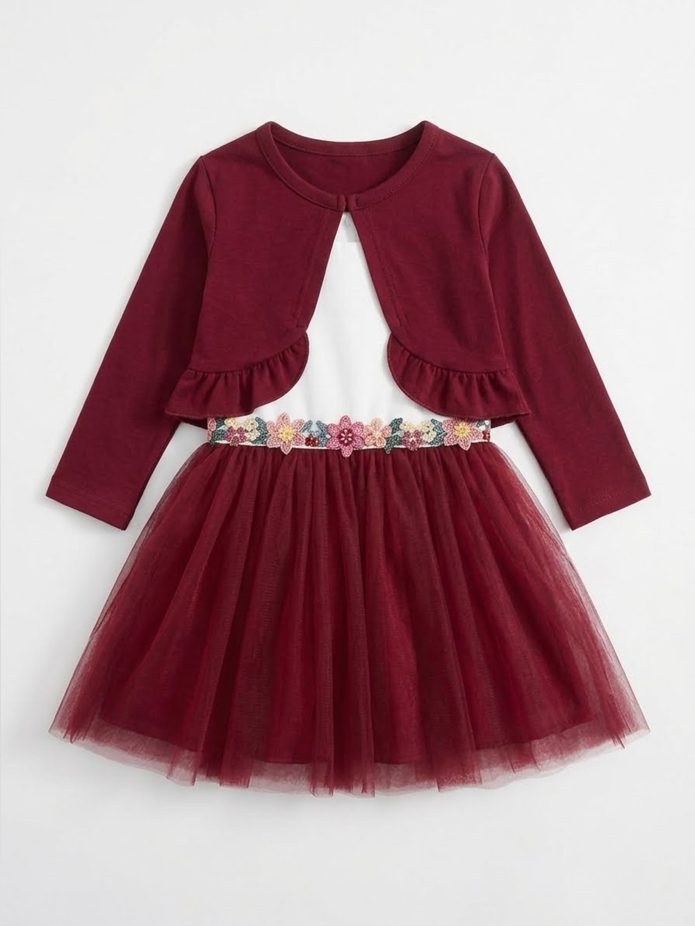 SHEIN Toddler Burgundy Tulle Dress & Ruffle Cardigan Set - 12-18M